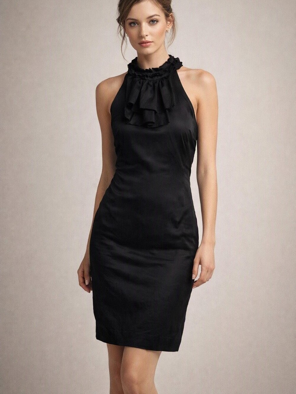 Vintage Jacob 100% Silk Black SleevelessRuffle Halter Cocktail Dress. 2